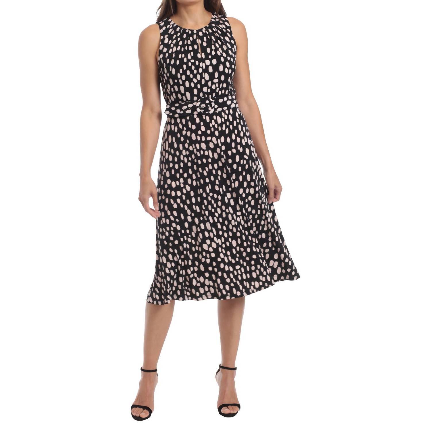 New London Times Chalk Belted Midi Dress In Black/Blush